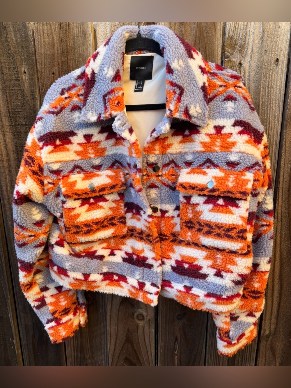 Forever 21 cropped Lavender, Orange & Burgundy Aztec Sherpa Jacket Large